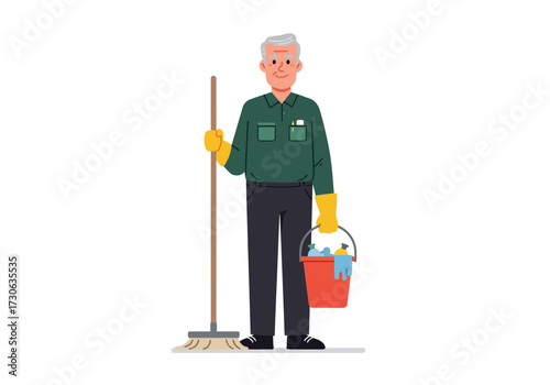 Illustration of an older man in uniform with cleaning supplies