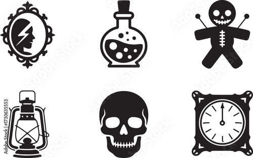 Cursed objects Halloween icon set silhouette vector