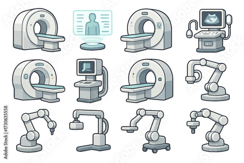 Medical imaging and robotic equipment icons for healthcare technology