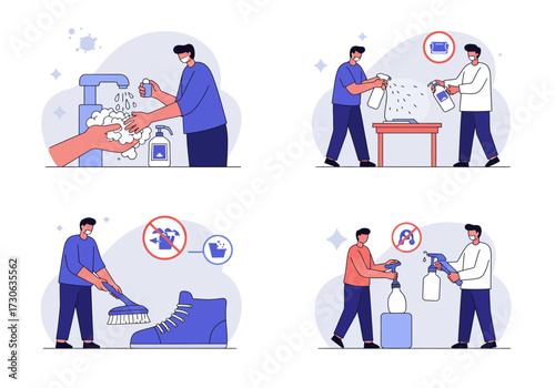 Illustrations depict masked people performing cleaning tasks handwashing surface disinfection  shoe cleaning