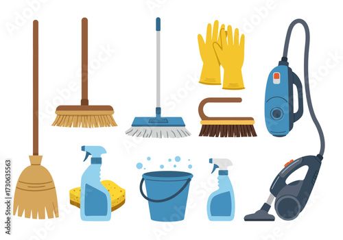 Illustration of cleaning supplies brooms mops vacuum sprays sponge bucket and gloves