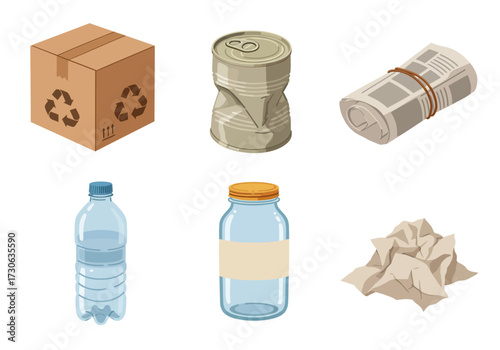 Isometric view Cardboard box crushed can newspaper roll bottle jar crumpled paper