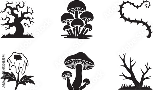 Dark flora fungi Halloween icon set silhouette vector