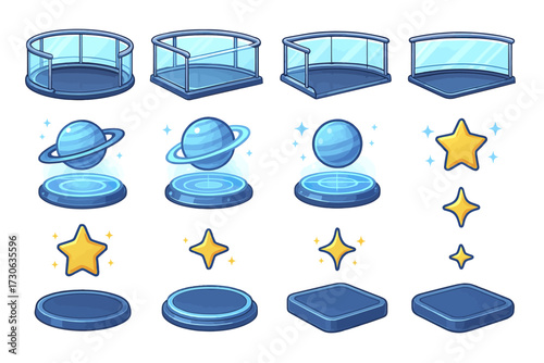 Set of futuristic platforms and symbols with stars and planets