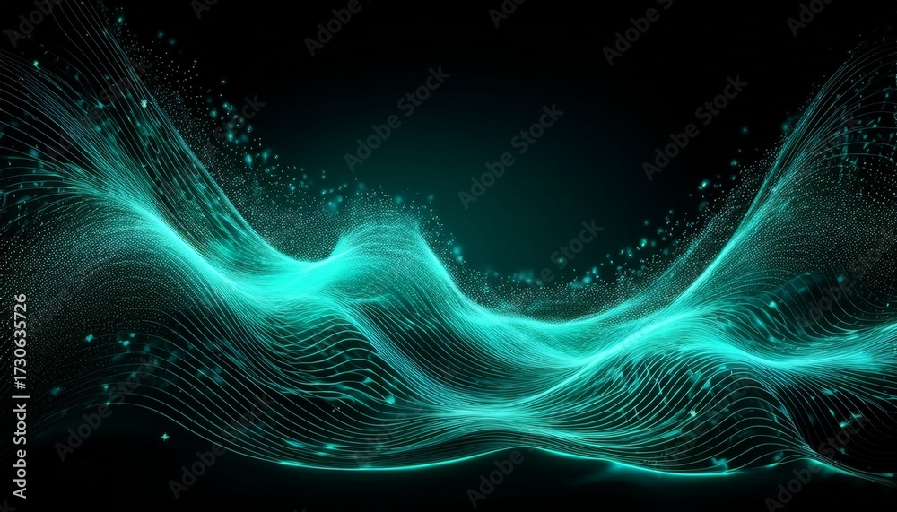 Obraz premium turquoise abstract waves with sparkling particles on a black background
