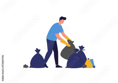 Man with gloves collecting trash into bags