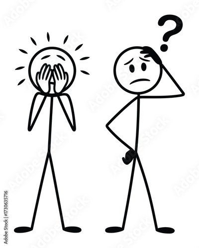 Two stick figures expressing confusion and distress in simple vector illustration format silhouette vector illustration white background