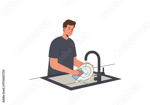 Man washing a plate under a faucet with a sponge in a kitchen sink