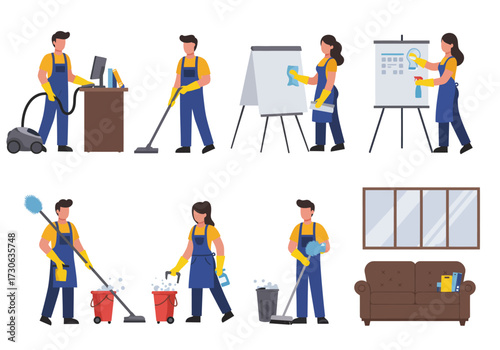 Multiple cleaners are depicted performing various cleaning tasks using equipment and supplies