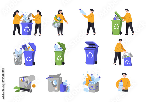 People recycle plastic waste into bins bags and boxes labeled with recycle icons