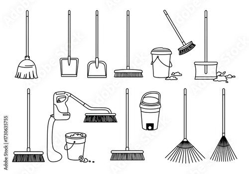 Outlined cleaning tools brooms dustpans buckets  a floor scrubber