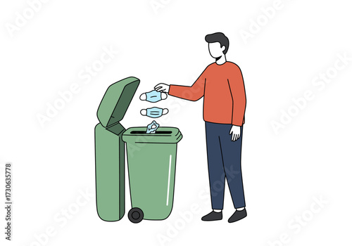 Person discarding face masks into an open green trash can