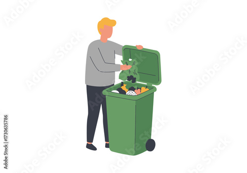 Person discarding refuse into an open green trash can