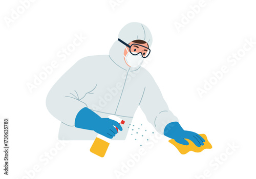 Person in hazmat suit disinfecting surface with spray and cloth