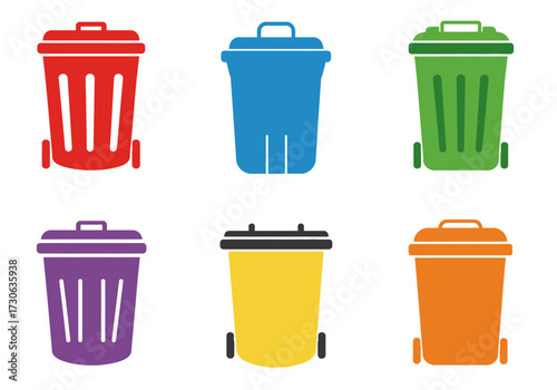 Six colorful garbage cans with lids arranged in two rows against a white background