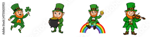 Leprechauns celebrating with clovers, gold, rainbows, and music  
