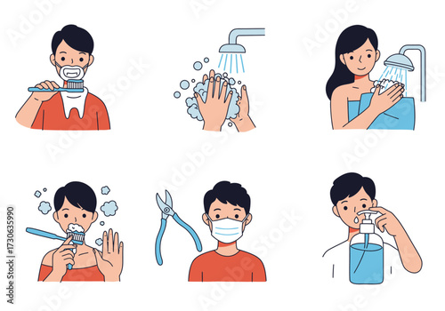 Six illustrations depict hygiene actions brushing teeth handwashing showering using sanitizer face mask  nail clipping