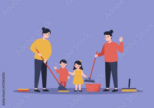 Two adults  kids sweep girl in yellow stands near a red bucket another kid waves brooms are present