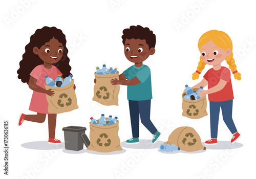 Three children recycle plastic bottles into marked bags near a grey bin