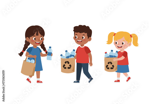 Three smiling children recycle plastic bottles each holding or carrying a recycling bag