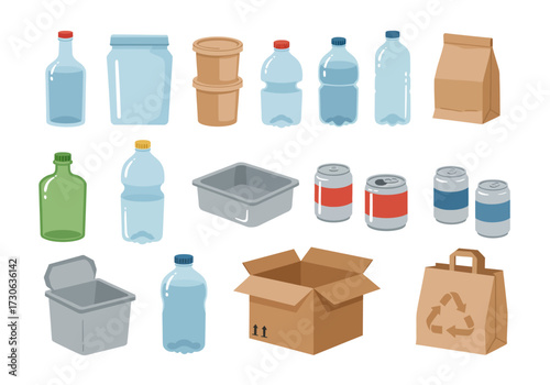 Variety of recyclable items glass bottles plastic containers aluminum cans cardboard boxes  paper bags