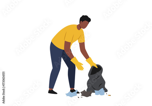 Volunteer cleaning picking up trash into bag