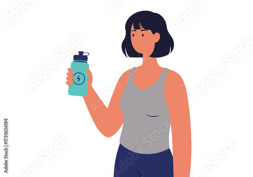 Woman holds a water bottle with a lightning bolt design