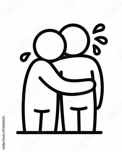 Stylized line art vector illustration of two figures embracing comforting one another with tears of emotion silhouette vector illustration white background