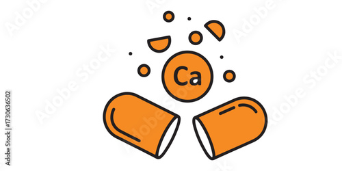 Calcium supplement capsule with floating elements for health and wellness promotion on a clean white background