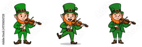 Cartoon leprechauns playing violin in green costumes with hats  