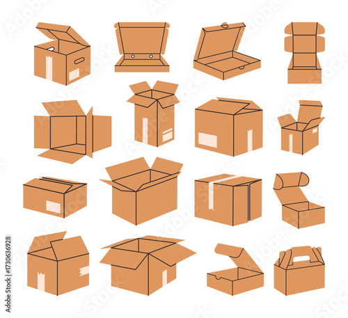 Carton delivery boxes. Cartoon cardboard boxes, open and closed shipping packages, parcel delivery boxes flat vector illustration set. Cardboard box collection