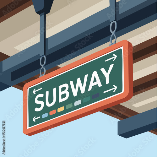 editable isometric subway platform wayfinding sign mockup hanging from overhead beams with bold san-serif text panel color swatches separate layers for sign body 