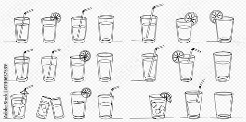 Line art illustration featuring various glasses filled with liquid, some with straws and lemon slices.