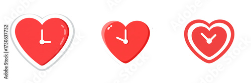 Three heart-shaped clocks in red color on white background  