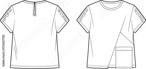 Vector fashion technical flat illustration of women short sleeve blouse with asymmetrical seam, loop sleeve detail, flap pocket, keyhole back closure