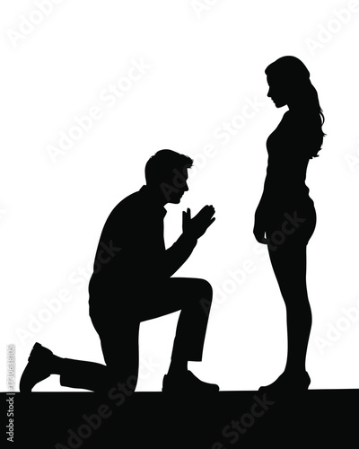 Silhouette vector illustration of a man proposing to a woman kneeling down in a romantic gesture silhouette vector illustration white background