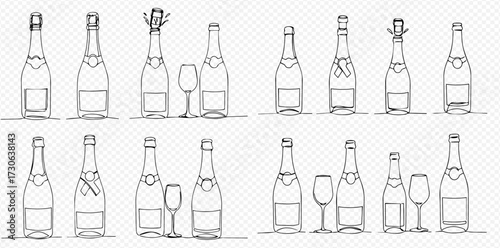 Line art illustration of champagne bottles, some with glasses, in various states of opening.