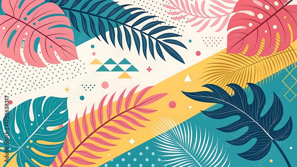A seamless vector illustration features a tropical pattern of palm trees and feathers on a beach landscape perfect for summer vacation design