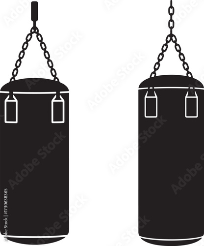 Two black punching bags hanging silhouette