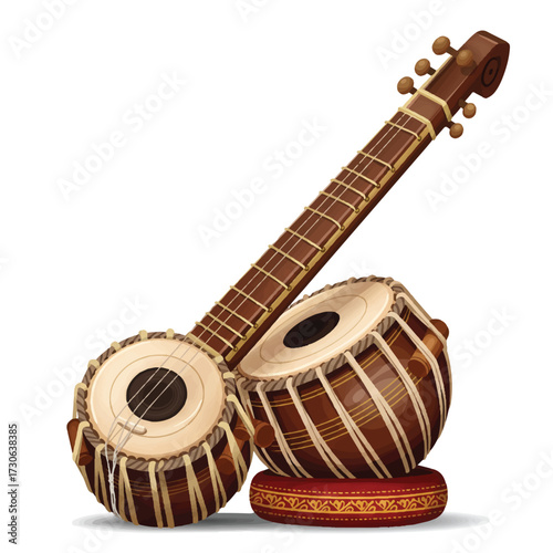 Elaborate Flat 2D Vector Illustration of Indian Tabla Percussion Instrument with Decorative Details on White