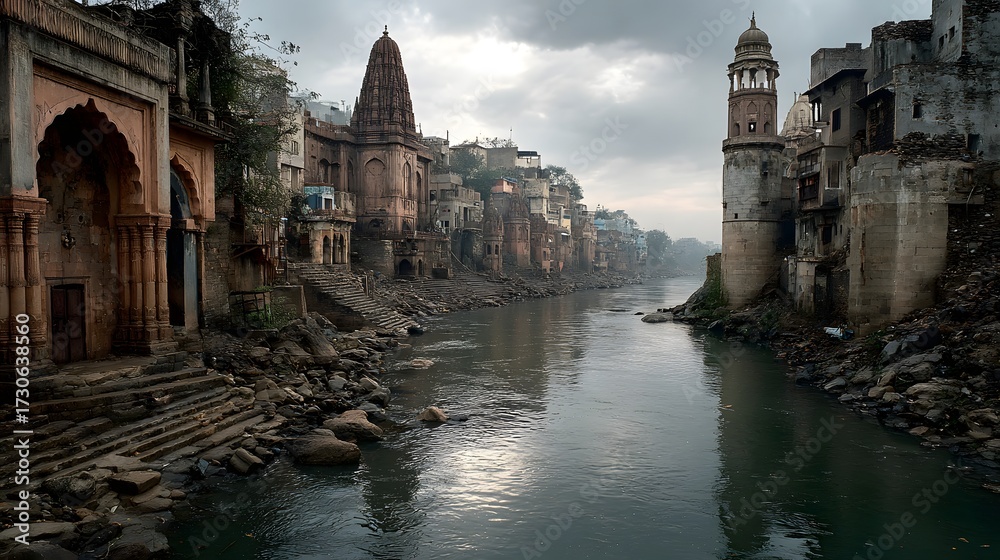 Naklejka premium Serene Riverbank View of Historical Architecture at Dusk in India