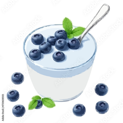 Flat 2D illustration of blueberry yogurt cup with spoon and blueberries, isolated on clean white background.