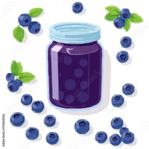Flat 2D vector illustration of blueberry jam jar with blueberries around, clean white background, simple design.