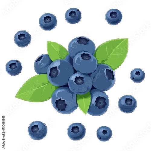 Flat 2D illustration of fresh blueberries on a white background, minimal vector style, simple and clean design.