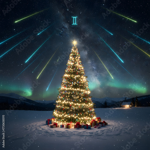 Christmas tree illuminated with lights under shooting stars in winter  