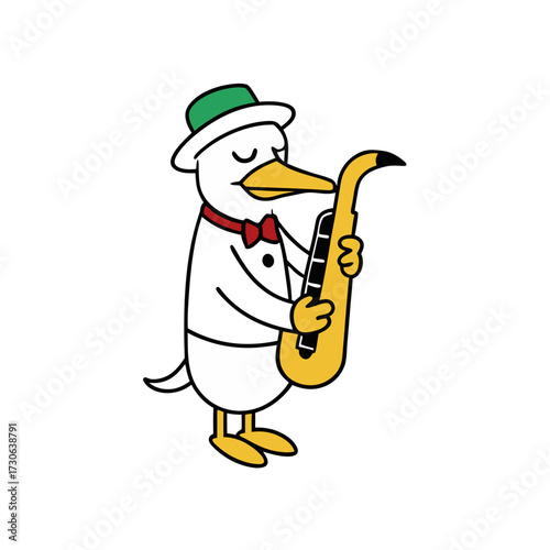 Cartoon duck plays saxophone with hat and bowtie