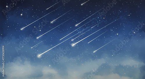Meteor shower in night sky with stars and soft clouds  