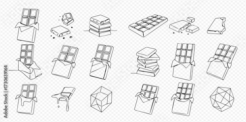 Collection of line art illustrations depicting chocolate bars, pieces, and packaging in various arrangements.