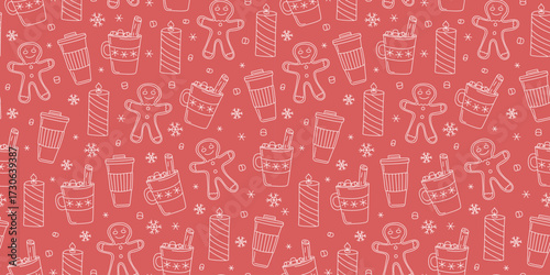 Pattern. Cup of coffee, hot drink with cinnamon stick. Gingerbread man. Mug of tea. Burning candle. Winter season. Cozy set of doodles. Seamless background.