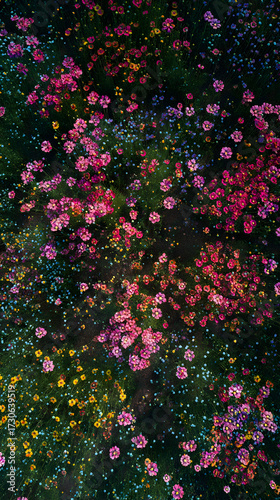 Aerial view wildflower field vibrant pink yellow blue blossoms lush green grass natural landscape springtime peaceful colorful blooming outdoor beauty